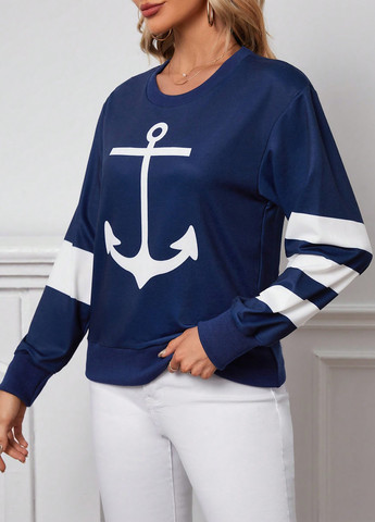 Темно-синій світшот SHEIN морська тематика без декору (329546043)