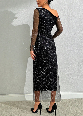 Черное праздничный, вечернее платье а-силуэт, на одно плечо SHEIN однотонное