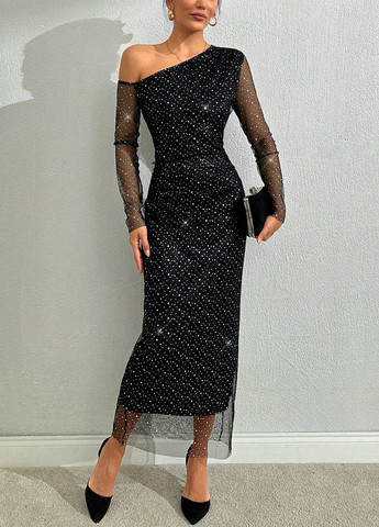 Черное праздничный, вечернее платье а-силуэт, на одно плечо SHEIN однотонное