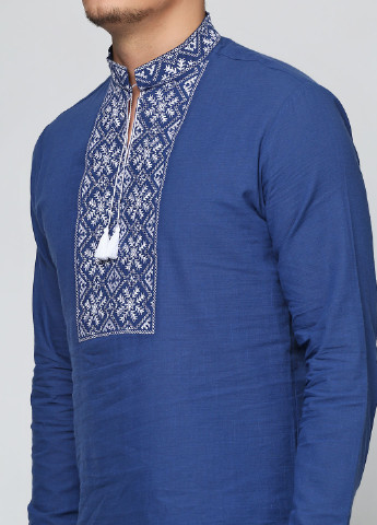 Темно-синяя кэжуал рубашка с орнаментом ЕтноМодерн с длинным рукавом