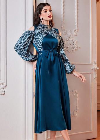 Синее вечернее, кэжуал платье клеш SHEIN колор блок