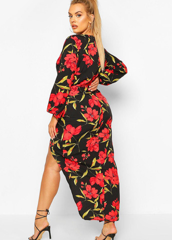 Черное вечернее, кэжуал платье Boohoo с цветочным принтом