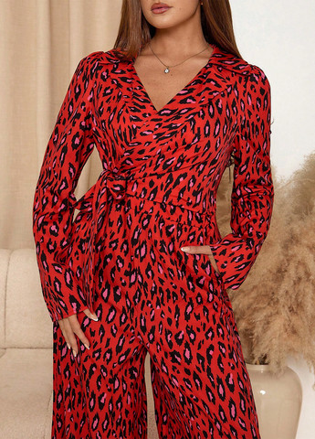 Комбинезон SHEIN комбинезон-брюки леопардовый красный кэжуал полиэстер