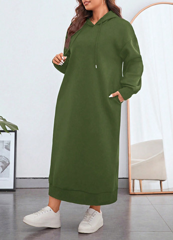 Зеленое спортивное, кэжуал платье платье-худи SHEIN однотонное