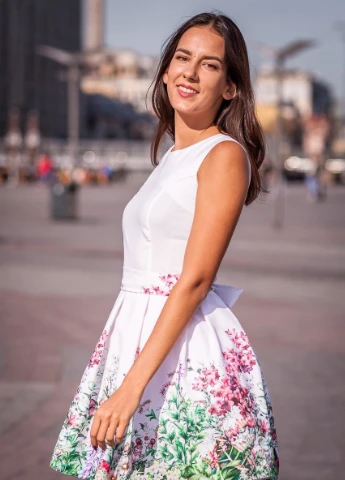 Молочна вечірня сукня а-силует, бебі долл, з спідницею-сонце First Woman з малюнком