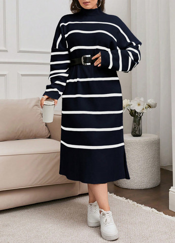 Темно-синя кежуал сукня сукня светр, оверсайз SHEIN в смужку