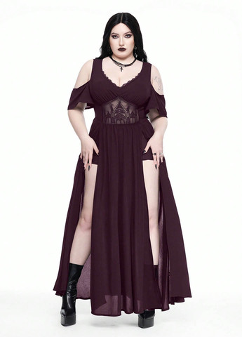 Темно-бордовое карнавальный, вечернее платье с открытыми плечами SHEIN однотонное