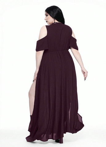 Темно-бордовое карнавальный, вечернее платье с открытыми плечами SHEIN однотонное