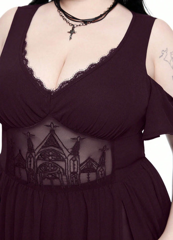 Темно-бордовое карнавальный, вечернее платье с открытыми плечами SHEIN однотонное