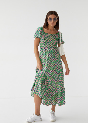 Зеленое кэжуал длинное платье с эластичным поясом No Brand с цветочным принтом
