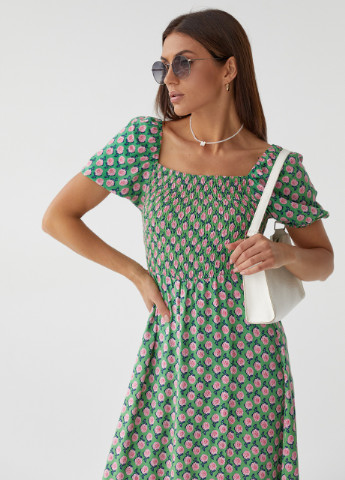 Зеленое кэжуал длинное платье с эластичным поясом No Brand с цветочным принтом