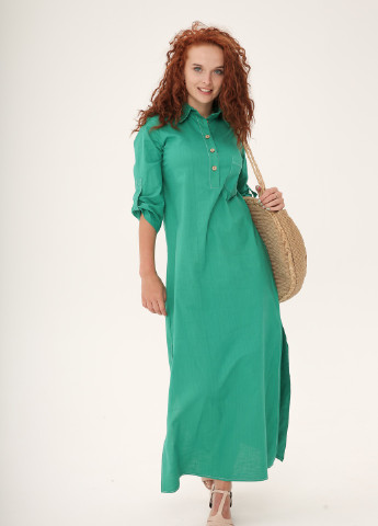 Зеленое кэжуал классическое прямое платье с натурального льна INNOE однотонное