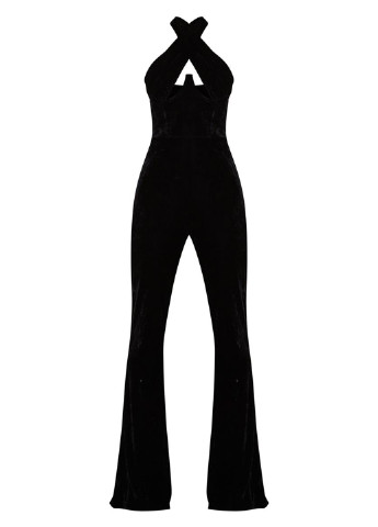 Комбинезон PrettyLittleThing комбинезон-брюки однотонный чёрный кэжуал полиэстер, велюр