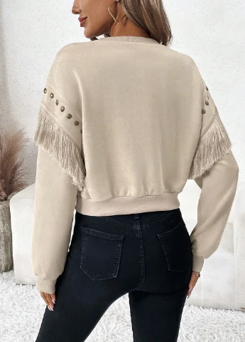 Айвори свитшот SHEIN однотонный бахрома, заклепки (309157798)