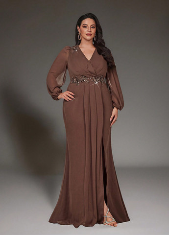 Коричнева вечірня сукня годе, на запах SHEIN однотонна