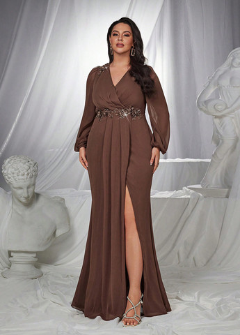 Коричнева вечірня сукня годе, на запах SHEIN однотонна