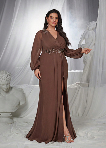 Коричнева вечірня сукня годе, на запах SHEIN однотонна