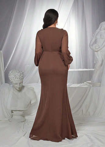 Коричнева вечірня сукня годе, на запах SHEIN однотонна
