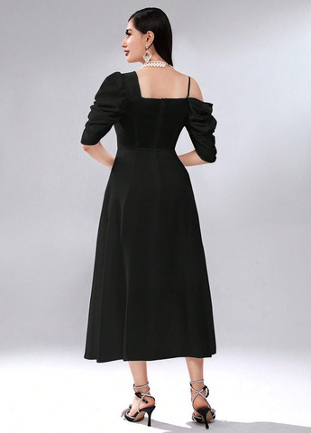 Чорна ділова, вечірня сукня кльош, на одне плече SHEIN однотонна