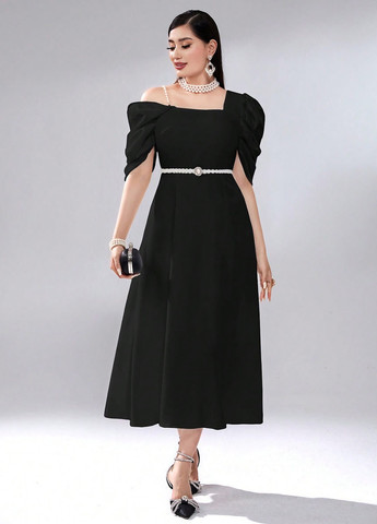 Чорна ділова, вечірня сукня кльош, на одне плече SHEIN однотонна