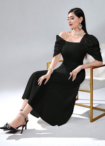 Чорна ділова, вечірня сукня кльош, на одне плече SHEIN однотонна