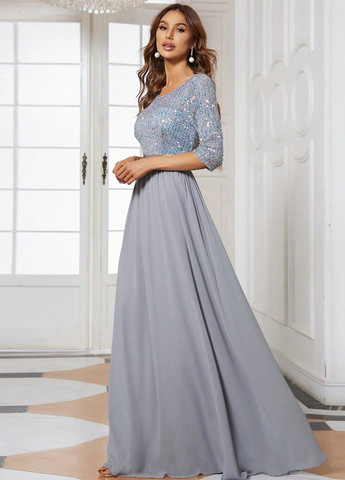 Серое вечернее, праздничный платье клеш SHEIN однотонное