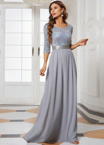 Серое вечернее, праздничный платье клеш SHEIN однотонное