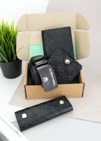 Подарочный мужской набор №67 "Тризуб": ремень + портмоне + ключниця + обложка на паспорт (черный) HandyCover (253322429)