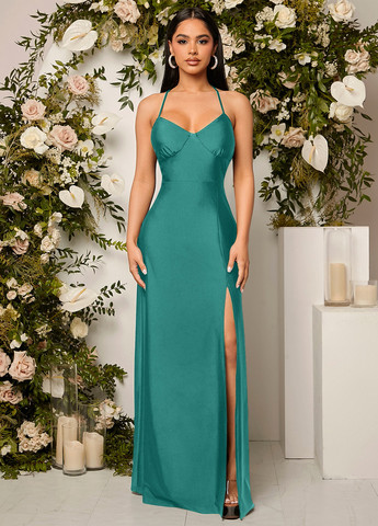 Морской волны вечернее платье с открытой спиной SHEIN однотонное