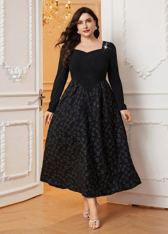 Чорна кежуал, святковий, вечірня сукня кльош SHEIN з квітковим принтом