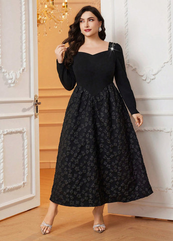 Чорна кежуал, святковий, вечірня сукня кльош SHEIN з квітковим принтом