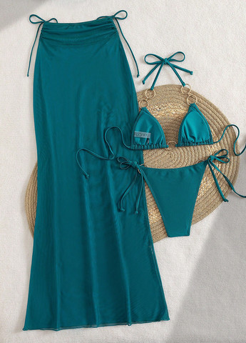 Темно-бірюзовий літній купальник (ліф, трусики, спідниця) бікіні, роздільний SHEIN
