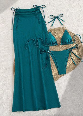 Темно-бірюзовий літній купальник (ліф, трусики, спідниця) бікіні, роздільний SHEIN