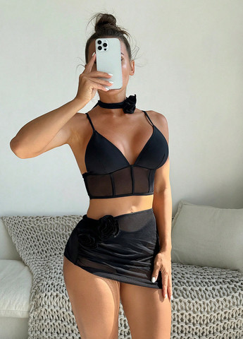 Чорний літній купальник (ліф, трусики, парео) топ, роздільний SHEIN