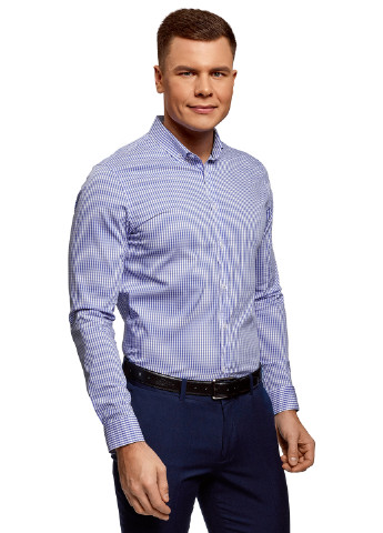 Светло-синяя кэжуал рубашка в клетку Oodji с длинным рукавом