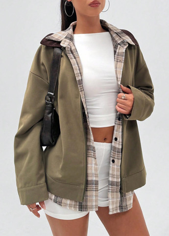 Оливкова (хакі) демісезонна жакет куртка-піджак SHEIN