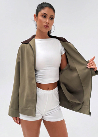 Оливкова (хакі) демісезонна жакет куртка-піджак SHEIN