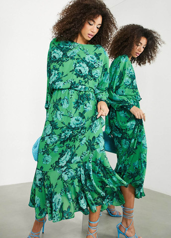 Зеленое коктейльное платье с открытой спиной Asos с цветочным принтом