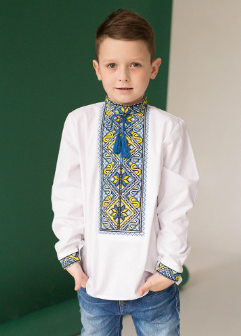 Вишиванка для хлопчика "Еліт" MEREZHKA орнамент белая кэжуал бязь