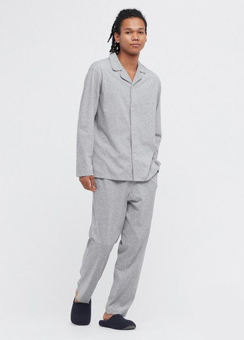 Пижама (рубашка, брюки) Uniqlo рубашка + брюки меланж серая домашняя трикотаж, хлопок