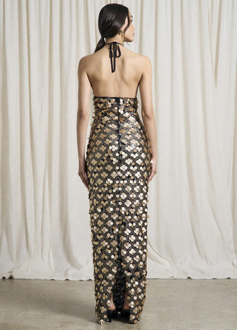 Золотистое вечернее платье силуэтная, с открытыми плечами, с открытой спиной SHEIN с геометрическим узором