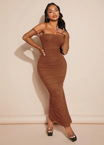 Коричневое кэжуал платье футляр SHEIN однотонное