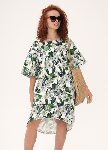 Зеленое кэжуал свободное платье из натурального хлопка INNOE с цветочным принтом