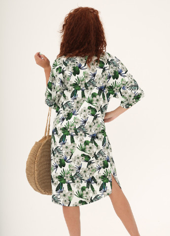 Зеленое кэжуал свободное платье из натурального хлопка INNOE с цветочным принтом