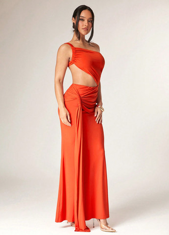 Помаранчева вечірня сукня годе, на одне плече SHEIN однотонна