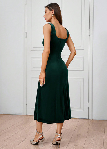 Темно-зелена вечірня сукня з спідницею-сонце, з відкритою спиною SHEIN однотонна