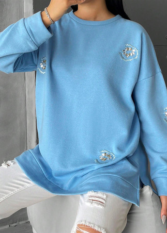 Блакитний світшот SHEIN однотонний вишивка, камені (325263747)