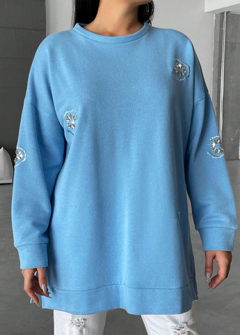 Блакитний світшот SHEIN однотонний вишивка, камені (325263747)