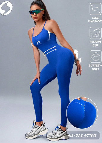 Комбинезон SHEIN комбинезон-брюки однотонный синий спортивный полиамид, трикотаж