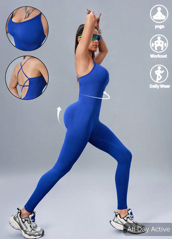 Комбинезон SHEIN комбинезон-брюки однотонный синий спортивный полиамид, трикотаж